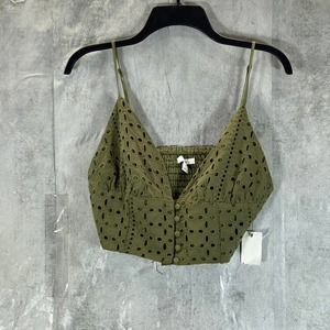 Bar III Women's Burnt Olive V-Neck Eyelet Button-Front Crop Top SZ L